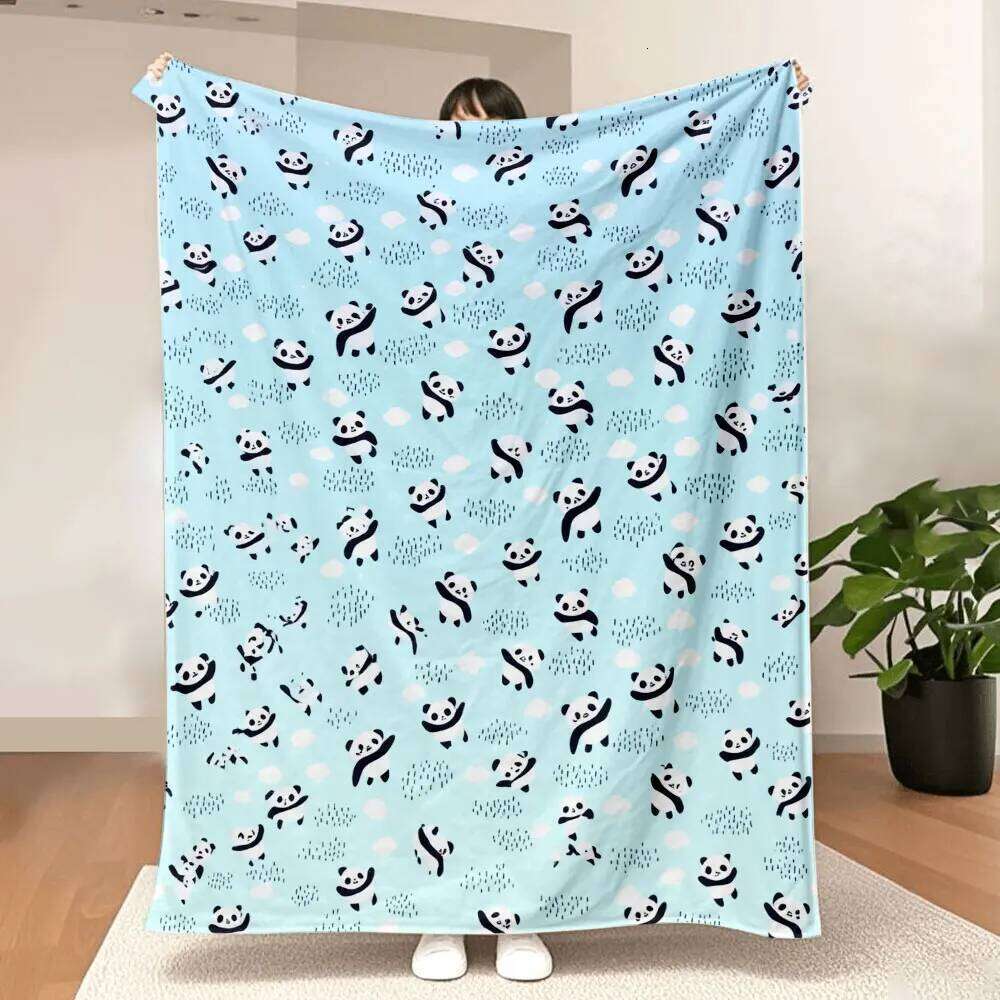 Light Blue Whimsical Panda Throw - Soft, Cosy Printed Blanket with Cute Pandas, Scattered Clouds & Dotted Patt XJ260112