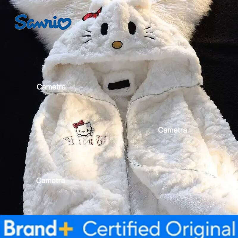 Sanrio Hot Kawaii Hello Kitty Hooded Sweatshirt Girls Long-Sleeved Tops Cute Pure White Cotton Loose Furry Zipper Jacket Winter Wear H260112