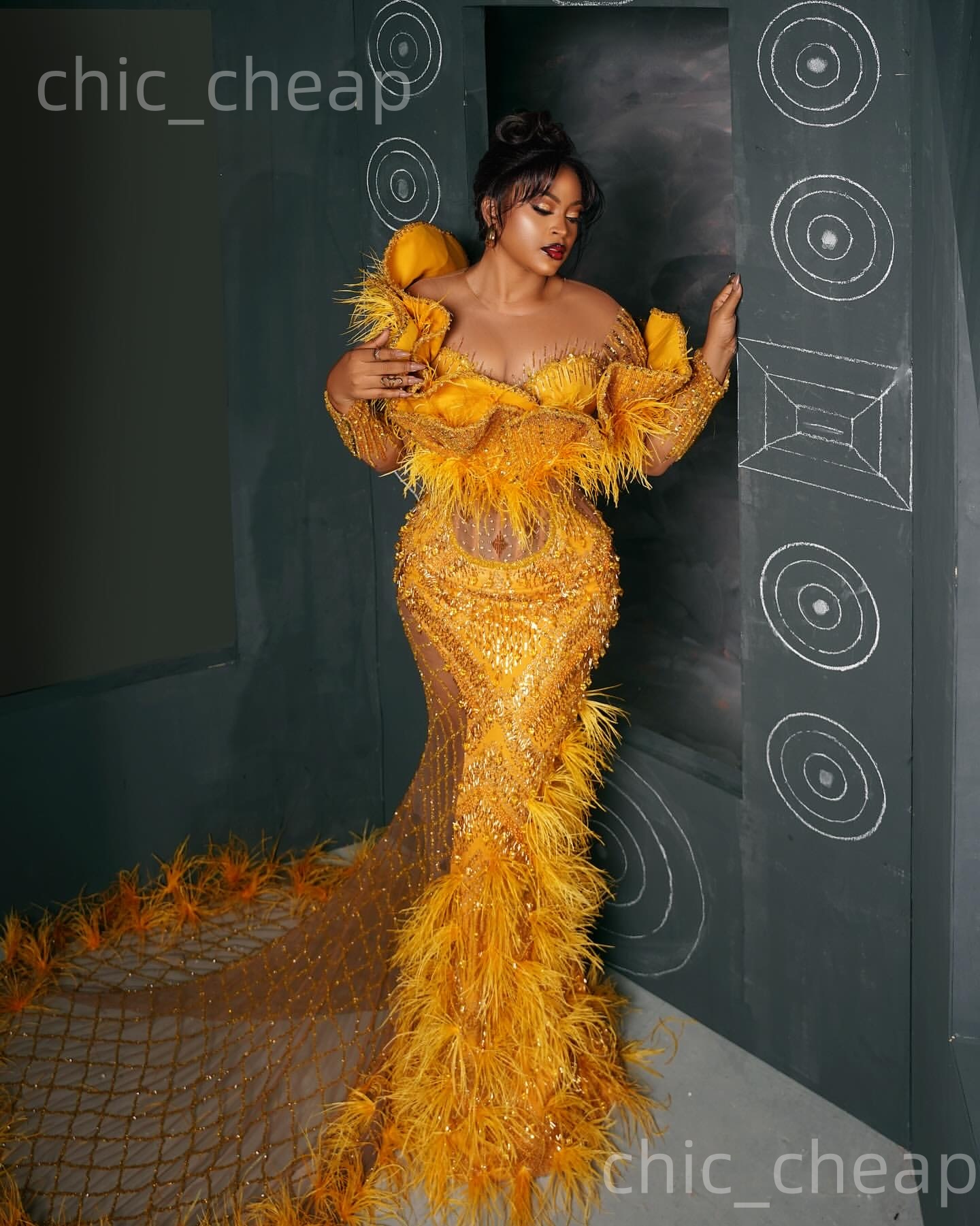 Aso Ebi Nigerian Yellow Mermaid Prom Dresses 2026 Beaded Crystals Feather Evening Formal Party Second Birthday Engagement Gowns Dress For Special Occa