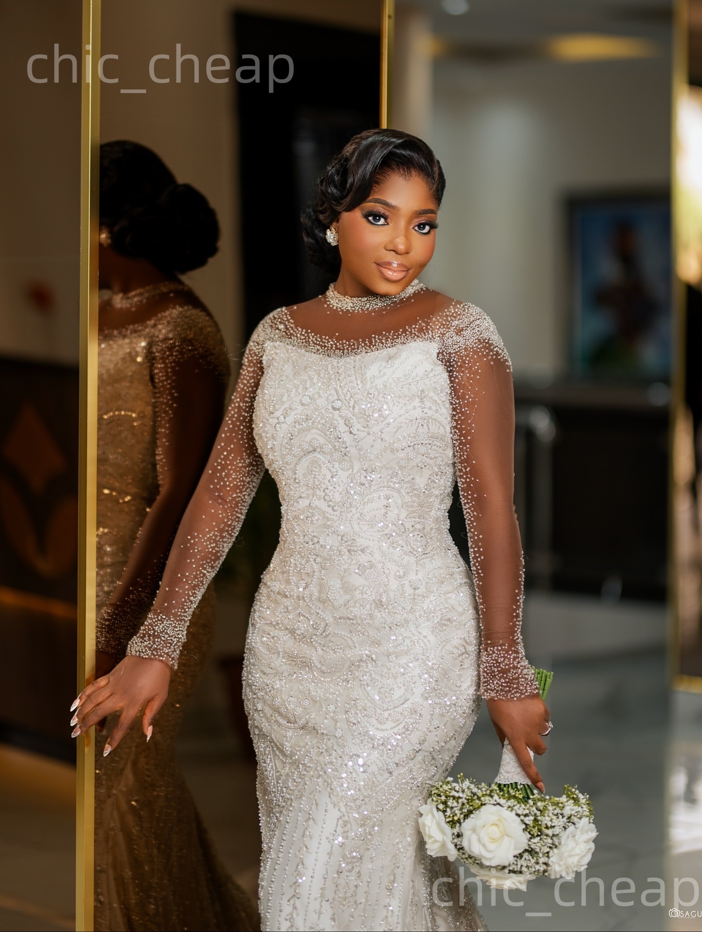 African Aso Ebi 2026 Ivory Mermaid Wedding Dress Beaded Full Sleeves Sheer Neck Sequined Sparkly Elegant Bridal Gowns Dresses ZJ212