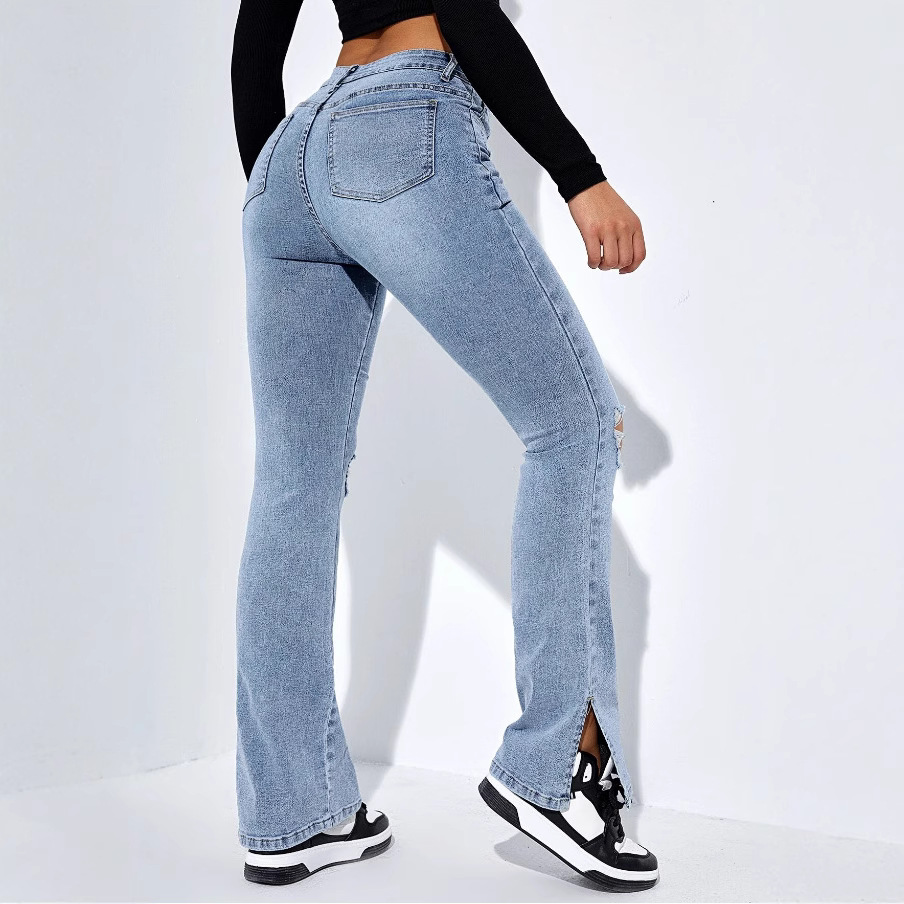 Women's Jeans--Ripped Slit Straight-Leg Pants,Women's High-Stretch Slit Slim-Fit Straight-Leg Pants--806