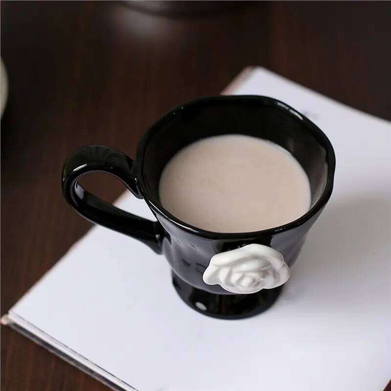 A03F- Mug Camellia Embossed French Household Style Breakfast Milk Office Coffee Cup, Retro Design With Handle