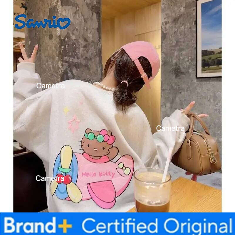 Sanrio Hot Sweet Cartoon Hello Kitty Long Sleeves Off Shoulder Girl Printing Loose Spring and Autumn Style Hoodie H260112