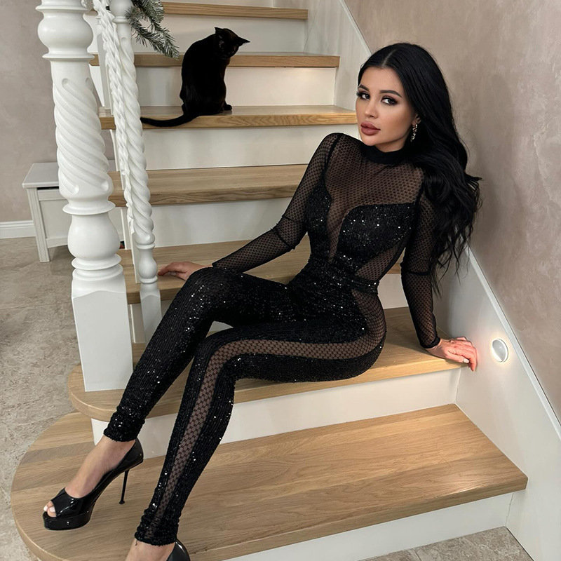 sexy nightclub women jumpsuits drill mesh Jumpsuit clubwear rompers black clothes Night dress fashion designing dresses