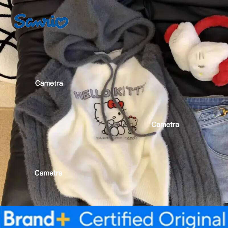 Sanrio Anime Cute Hello Kitty Women Sweater Cartoon Y2K Loose Warm Kawaii Girl Hooded Sweatshirt Fashion Sweet Comfortable Woman Clothe H260112