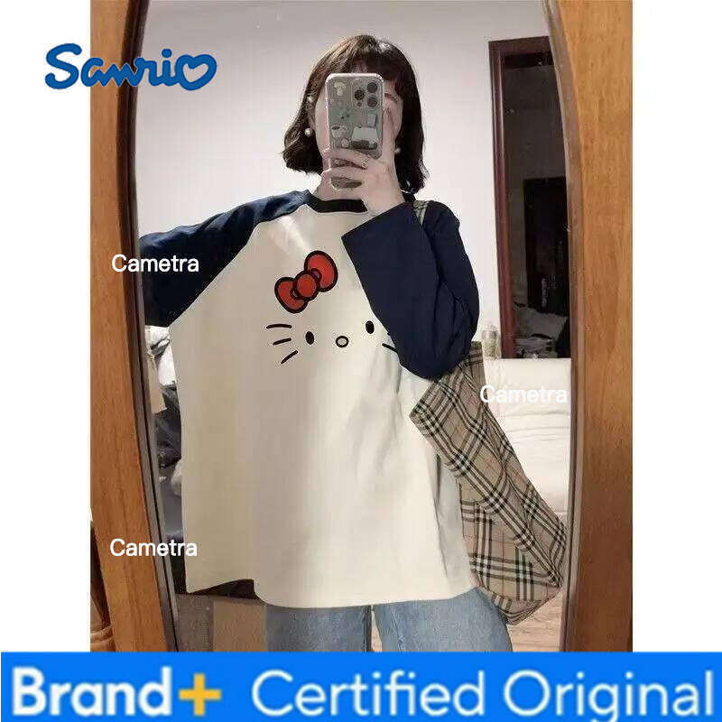 Sanrio Hello Kitty Women's T-Shirt Kawaii Cartoon Spring Autumn Woman Clothing Loose Long Sleeves Tees Sexy Base Layer Tops New H260112