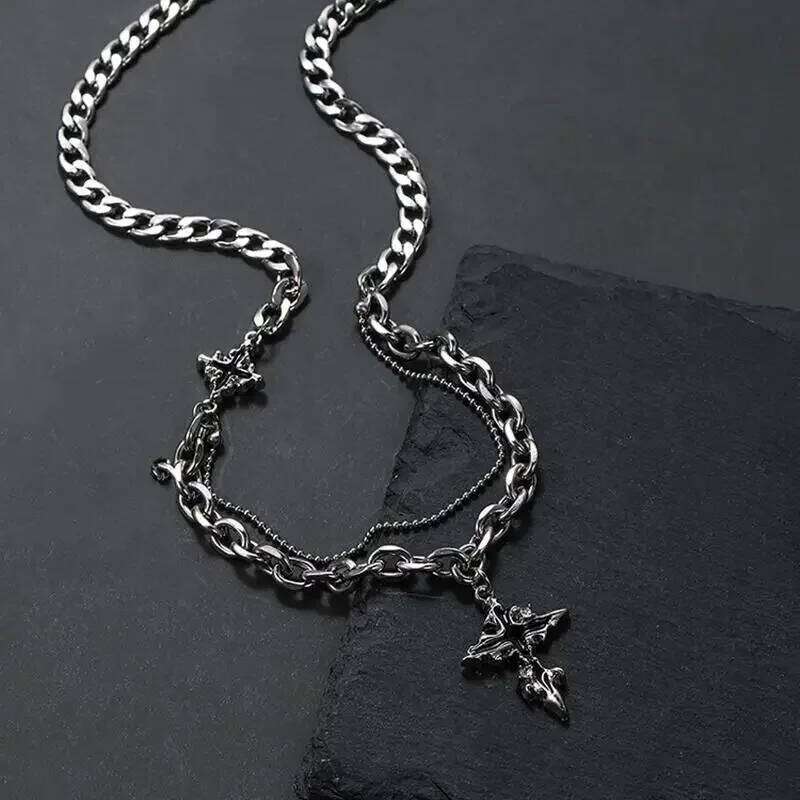 Punk Black Cross Necklace For Men Women Trend Titanium Steel Chain Sweater Pendant Hip Hop Jewelry Cool Accessories H260112