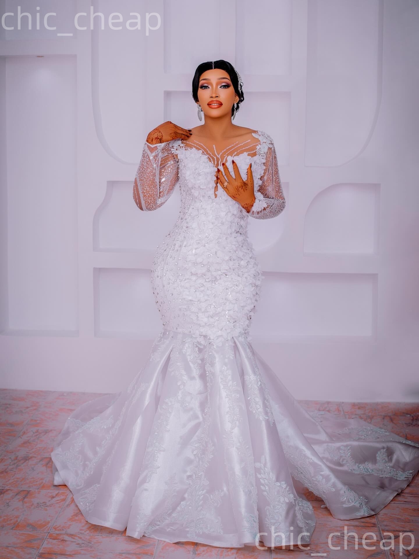 African Aso Ebi 2026 White Mermaid Wedding Dress Crystals Flowers Appliques Sequined Sheer Neck Elegant Bridal Gowns Dresses ZJ2270