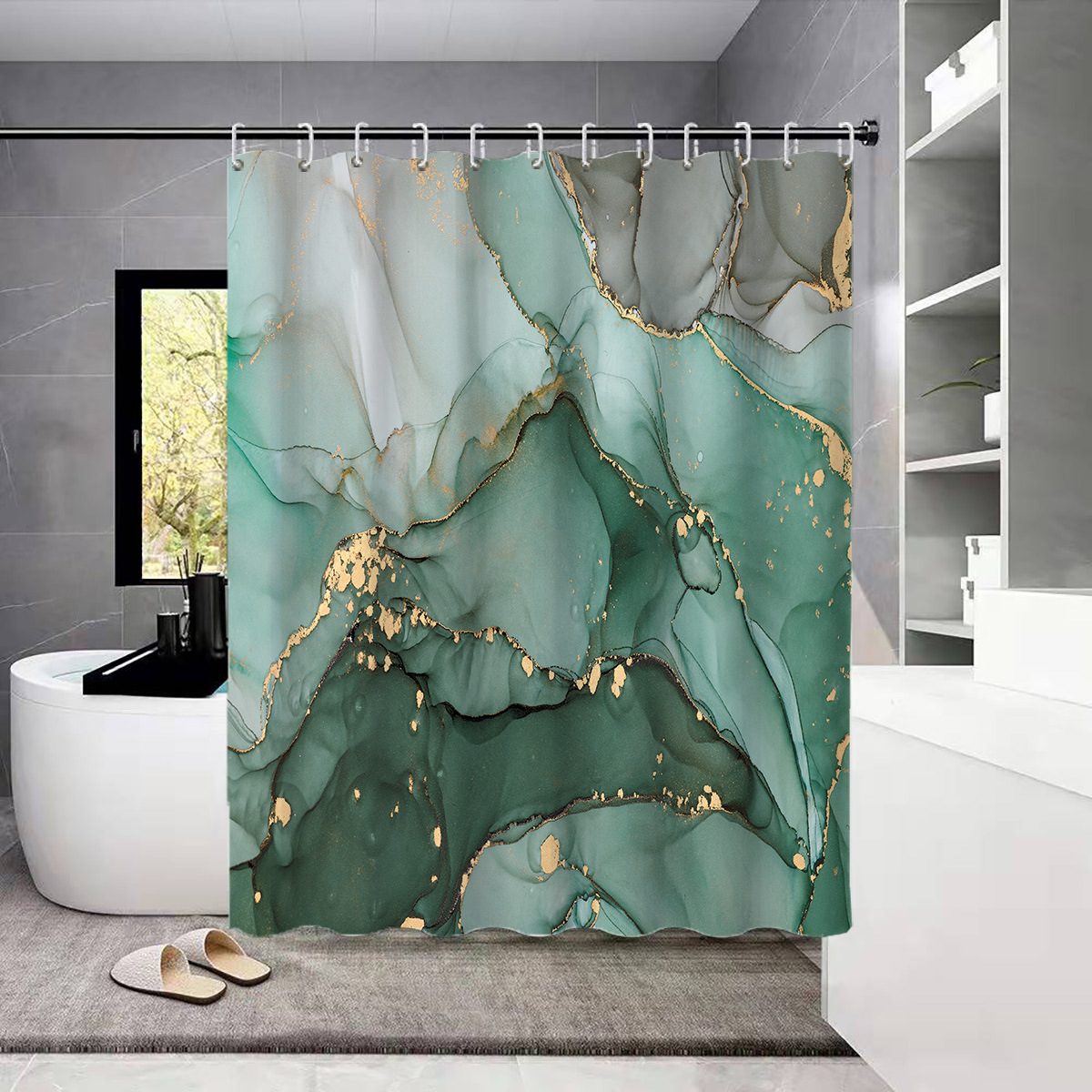 YL-38149 Golden Marble Digital Printed Waterproof Shower Curtain Set (4 Pieces) Wholesale