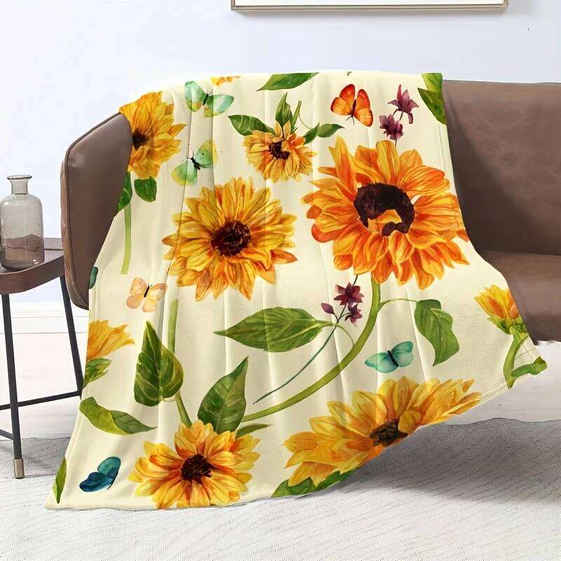 Sunflower Butterfly Garden Floral Pattern Fleece Blanket Bright Yellow Green Nature Theme Soft Flannel Throw Couch Cover Home XJ260112