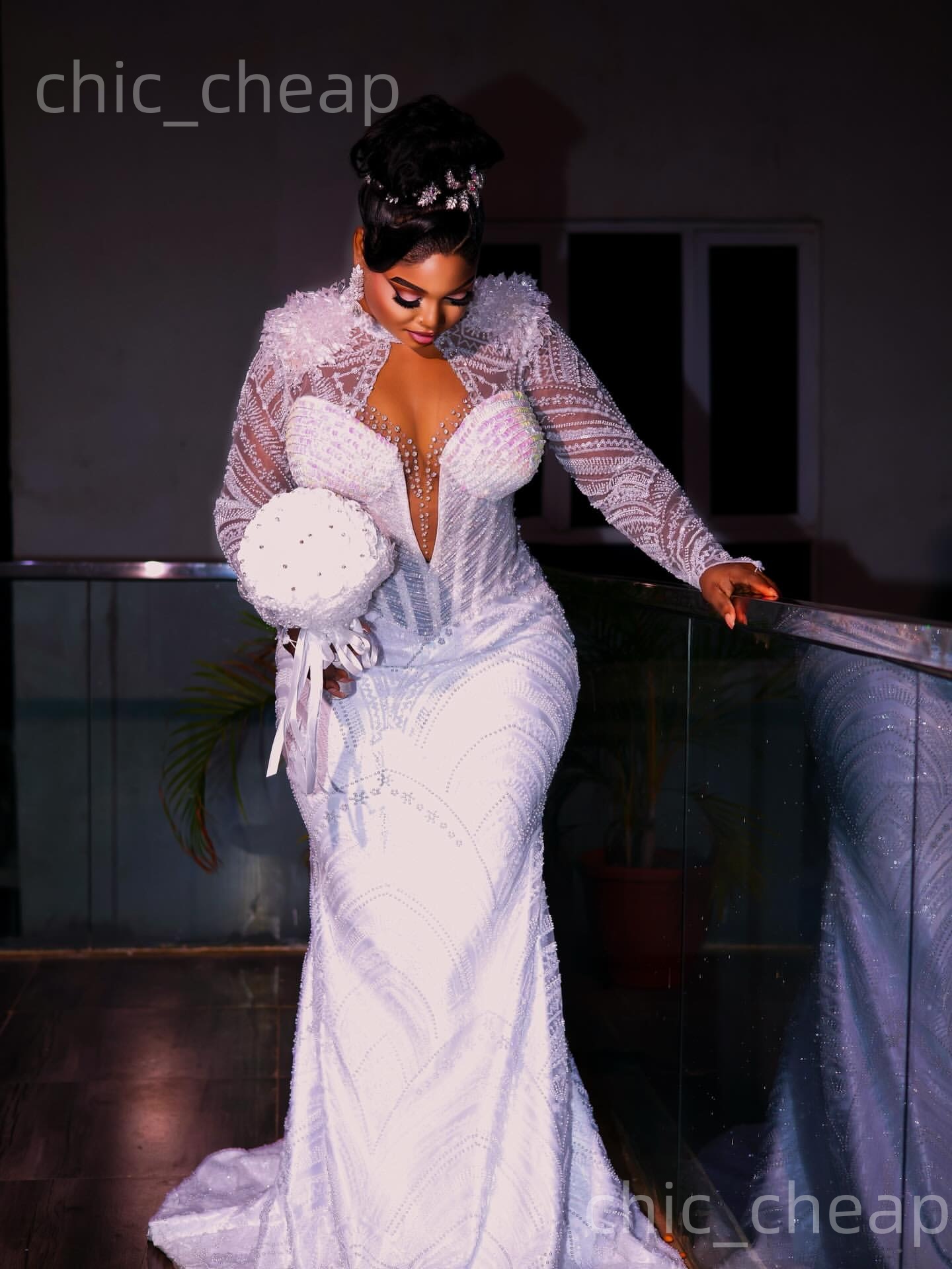 African Aso Ebi 2026 White Mermaid Wedding Dress Rhinestones Beaded Full Sleeves Sequined Sheer Neck Bridal Gowns Dresses ZJ2279