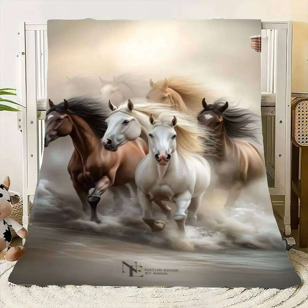 Ethereal Galloping Horses Blanket - Dreamy Water-Infused Environment Design with Five Majestic Horses, Featuring a White Horse w XJ260112