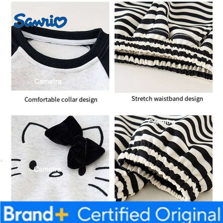 Sanrio Anime HelloKitty Girls' Spring and Autumn Fashion Stripe Two Piece Set Girl cartoon cute sweet cotton casual T-shirt set H260112