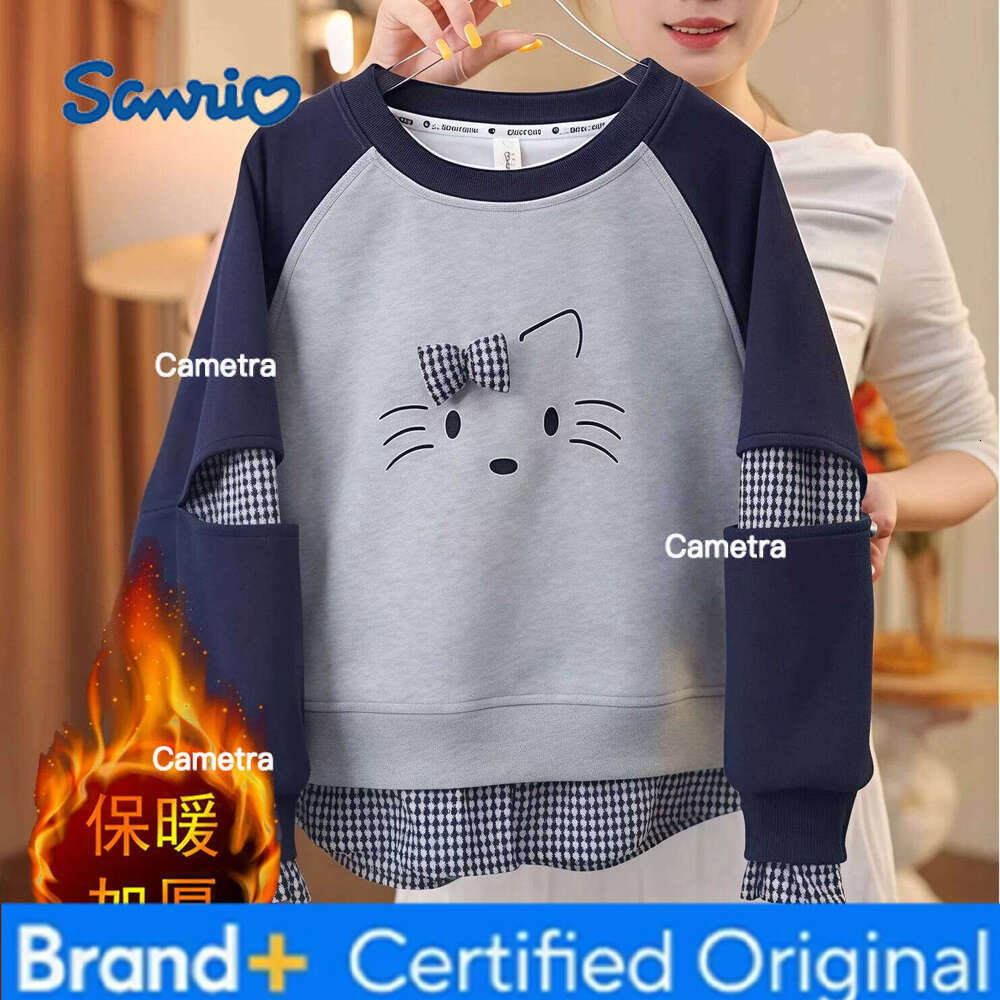 Sanrio Hello Kitty Kpop Sweatshirt 2025 New Autumn and Winter Plaid Tops Girls Long Sleeve Children's Clothing H260112