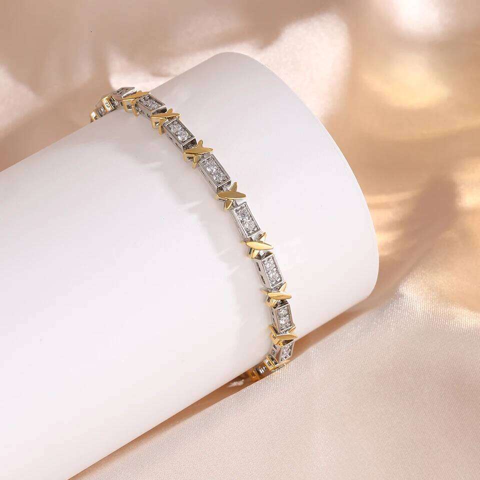 Three Colors Gold Color X-shaped Full Zircon Bracelet for Women Cross Niche Design Luxury Wedding Party Jewelry