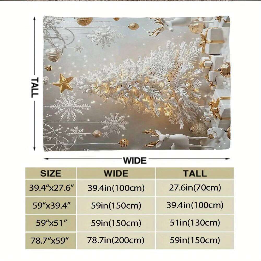 Christmas Deer Flannel Throw Blanket, Winter Wonderland Design in White Gold, Plush All Season for Sofa Bed, Festive Decor Gift XJ260112