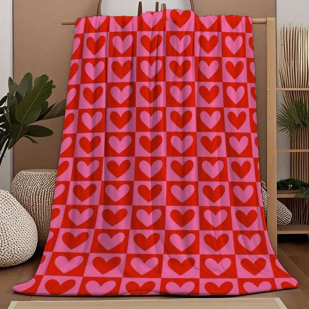 Red Pink Heart Plaid Print Flannel Throw Blanket Soft Warm and Cozy for Couch Bed Office or Camping All-Season Use XJ260112
