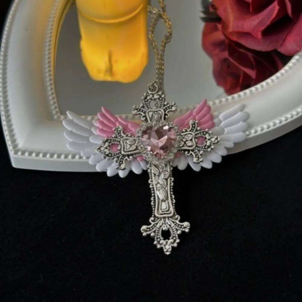 Y2K Gothic Angel Wings Cross Necklace Punk Long Chain Lolita Dark Aesthetic Choker for Women and Teens H260112