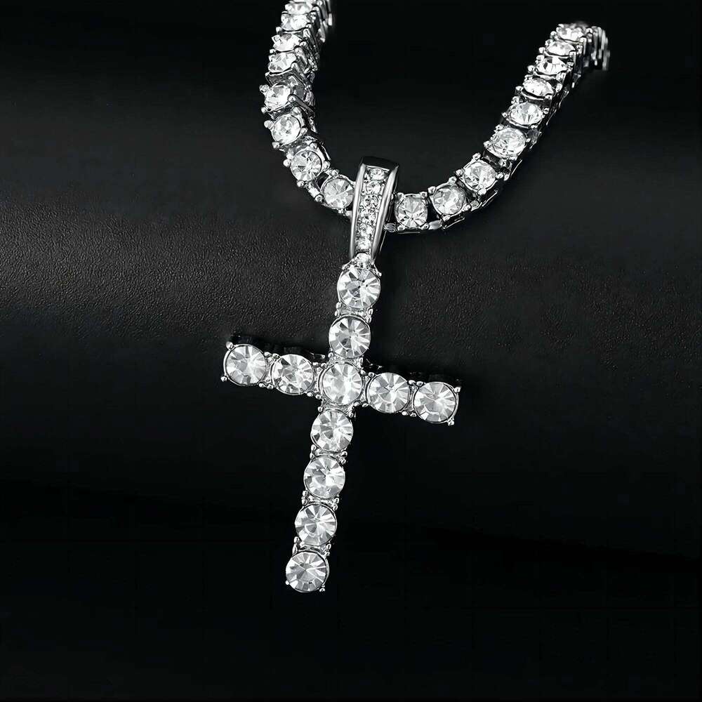 Men Women Hip Hop Cross Pendant Necklace With 4mm Zircon Tennis Chain Iced Out Exquisite Bling Jewelry Fashion Trendy Creative H260112