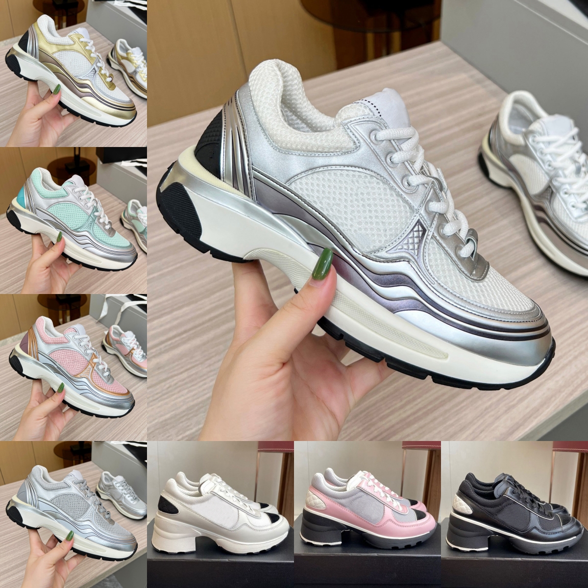 Women Casual Shoes For Luxury Designer Sneaker Vintage Fashion Calfskin Suede Silver White Pink Black Green Gold Platform Shoe Trainers Sneakers Jogging Walking