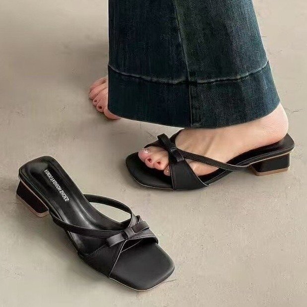 Ddmybagsvip French Bowknot One Strap Fairy Open Toe Slippers Summer Dress Outer Wear Square High Heel Sandals Outdoor Shoes