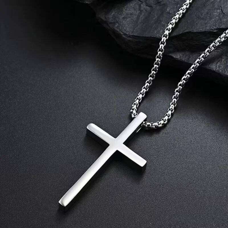 Stainless Steel Necklace for Men Boys,Silver Color Plain Cross Pendant Collar,Hiphop Classic Punk Jewelry Gift H260112