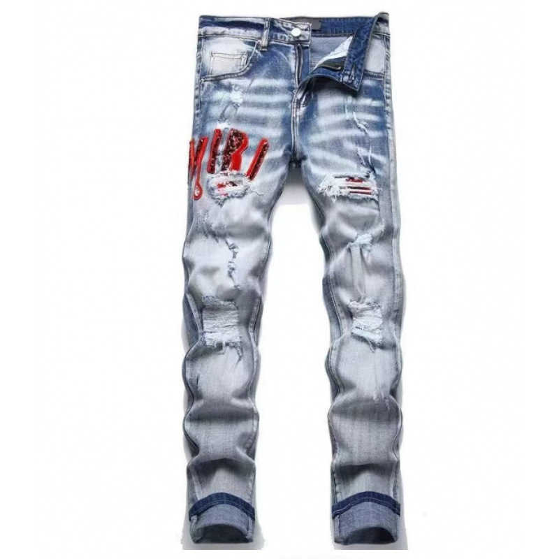 Men Snake Embroidery Denim Jeans Streetwear Ripped Patch Pants Slim Tapered Stretch Trousers X250812
