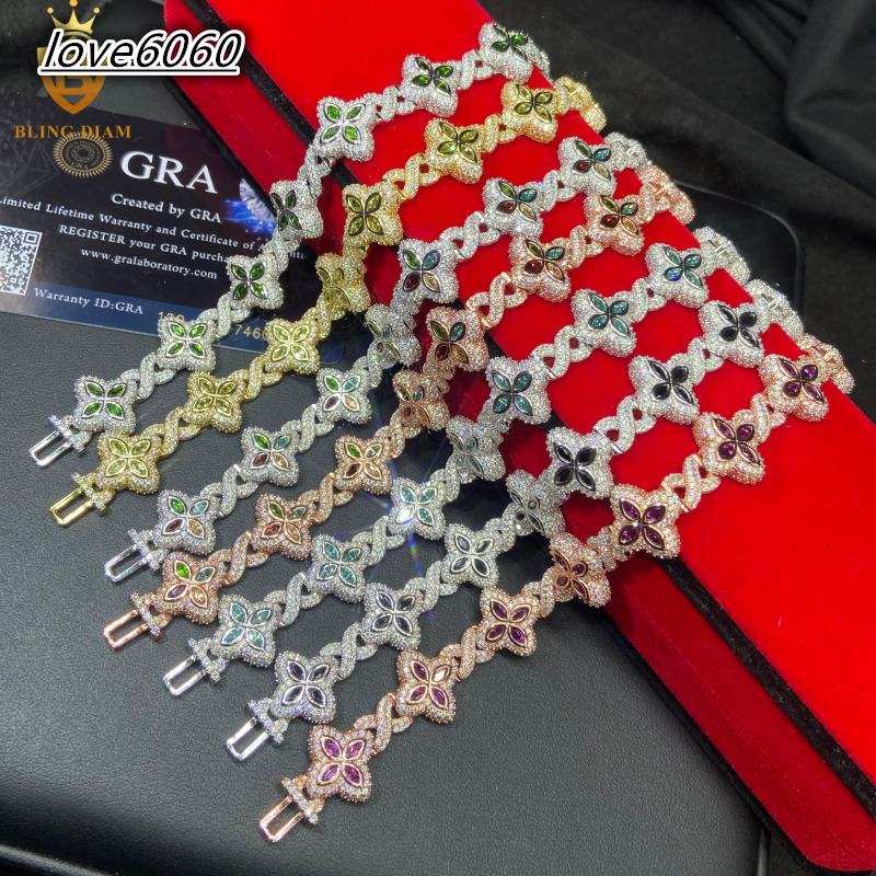 Hot Sale Four Leaf Clover Moissanite Bracelet Link Chain 925 Silver VVS Iced Out 15mm Moissanite Chain Men Past Diamond Test GRA