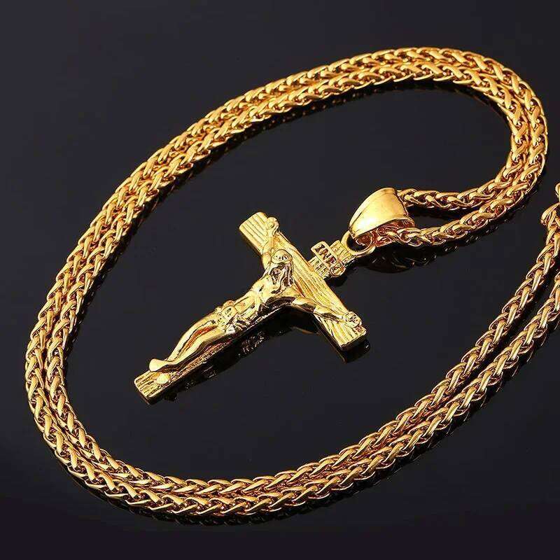 New Religious Jesus Fashion Gold Color Cross Pendent with Chain Necklace Jewelry Gifts for Men and Women H260112