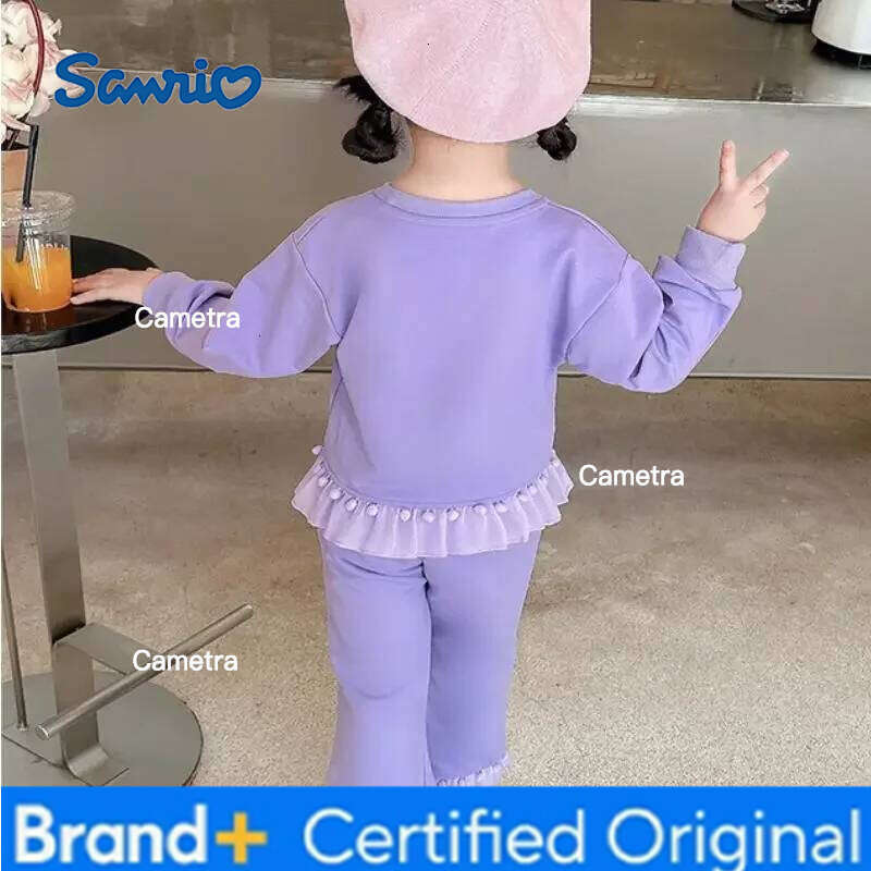 Sanrio Girls Kawaii Lace Long Sleeve Suit Kuromi Cartoon Spring Autumn Anime New Casual Sweatshirt Trousers Comfortable Soft H260112