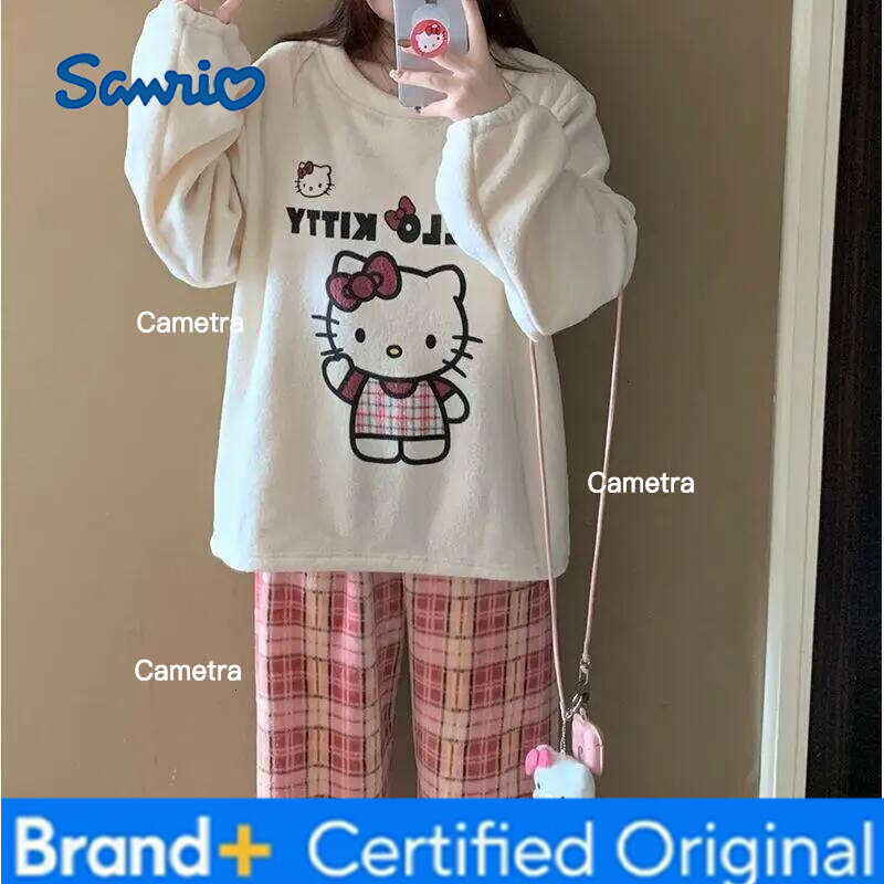 Sanrio Hello Kitty Pajamas Set Coral Cartoon Fleece Lined Thickened New Winter Women's Cozy Home Sleepwear Loungewear H260112