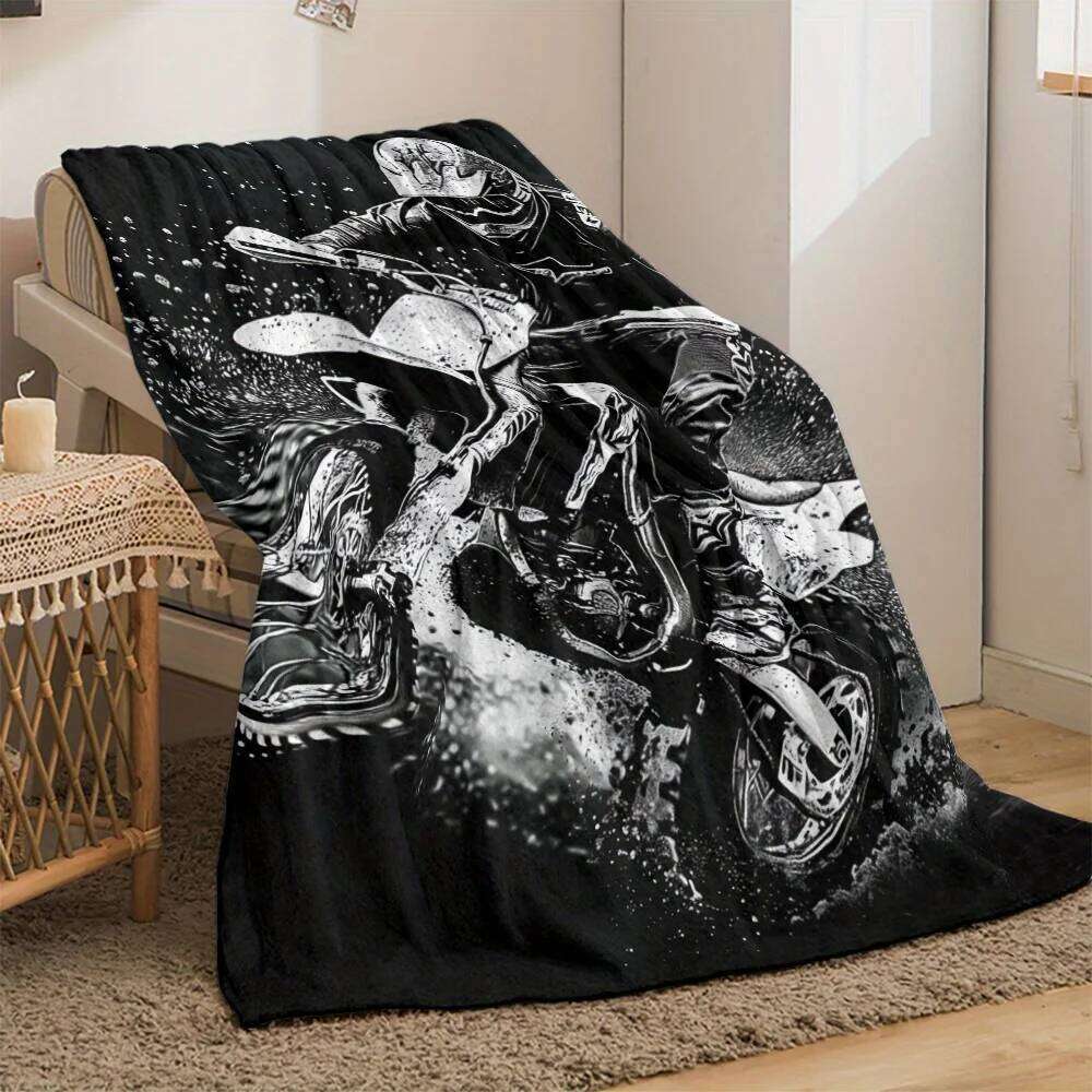 Motorcycle Rider Dirt Bike Action Fleece Black White Graphic Throw Blanket Biker Theme Soft Plush Bedding Gift for Men XJ260112