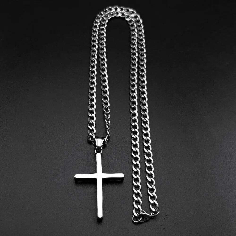 HNSP 316L Stainless Steel Solid Christian Cross Pendant Necklace For Men With Cuban link Chain Jewelry Accessories Gift H260112