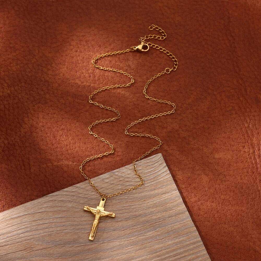 Stainless Steel Jesus Cross Necklace For Women Men Gold Color Caravaca Angels Crucifix Charm Choker Rapper Jewelry Hip Hop Gift H260112