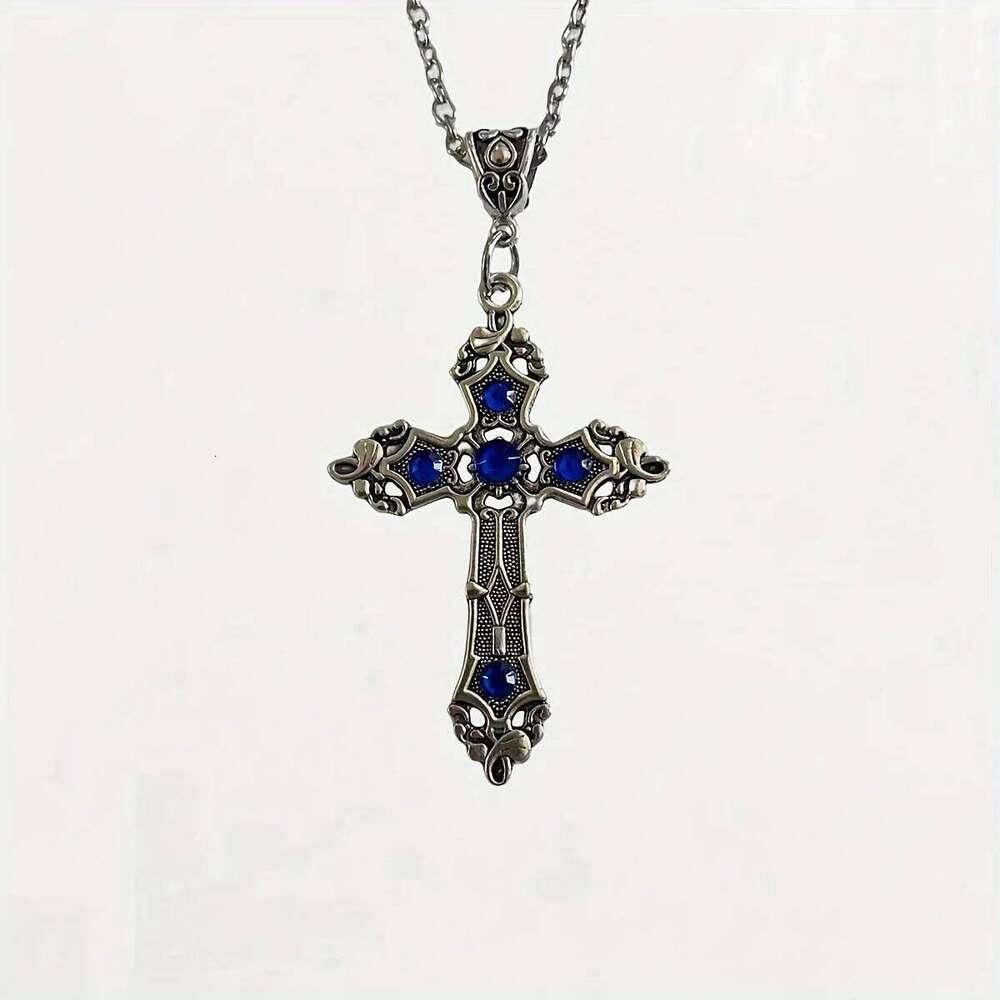 European and American retro simple fashion gothic black gem ruby cross pendant men's women's necklace H260112