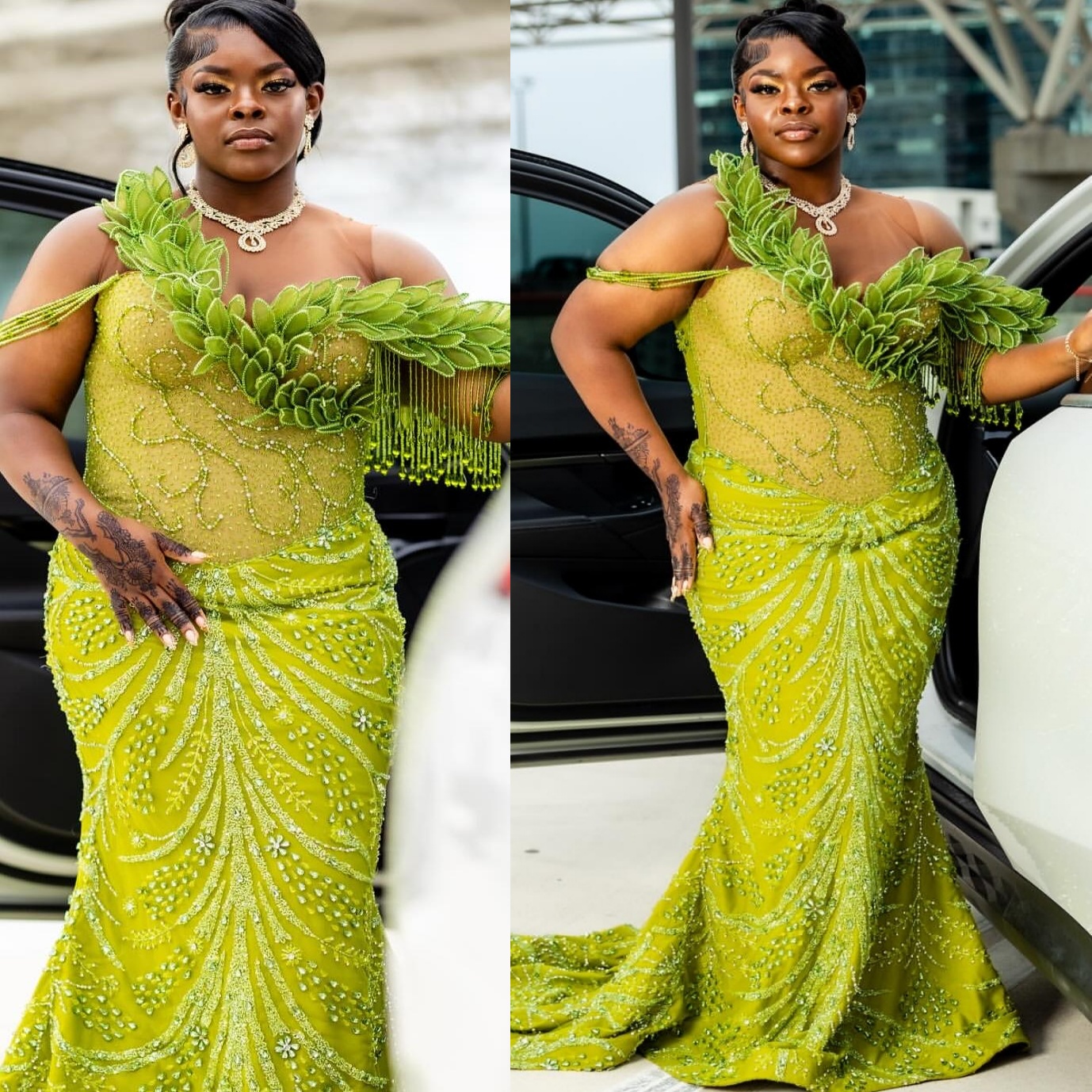 Aso Ebi 2k25 Yellow Green Mermaid Prom Dresses 2026 Florals Crystals Sheer Neck Evening Formal Party Second Birthday Engagement Gowns Dress For Specia