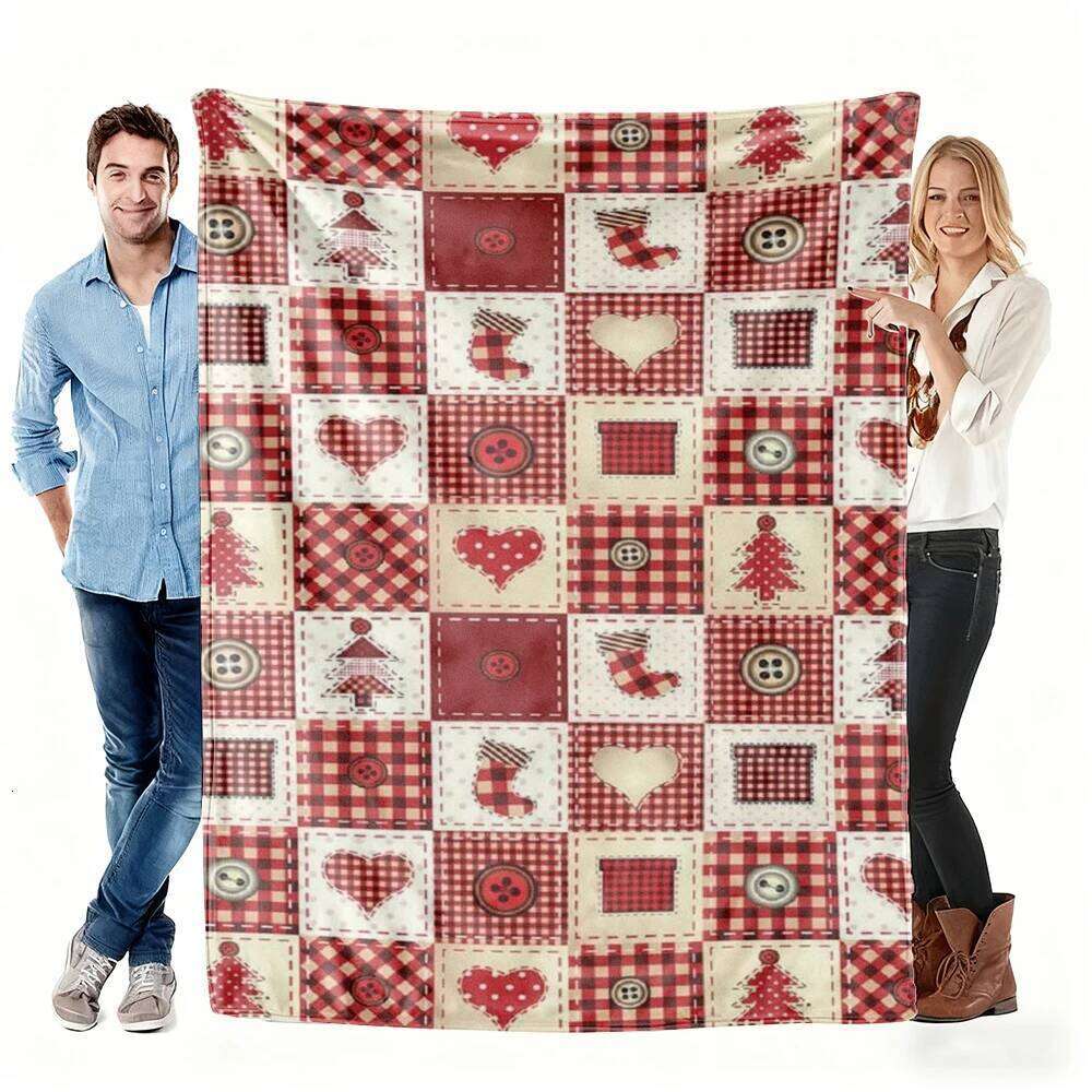 Christmas Patchwork Style Fleece Red Plaid with Santa Sock & Tree Pattern Cozy Throw Blanket Couch Bed Gift for Home XJ260112