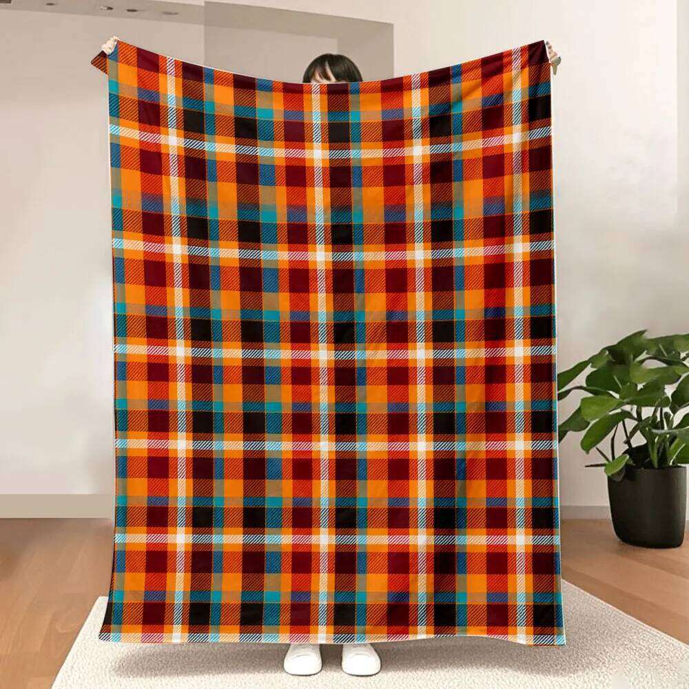 Vibrant Plaid Throw Blanket - Seamless Repeating Pattern with Orange, Red, Blue, Black White Grid, Soft & Cosy for Home Dec XJ260112
