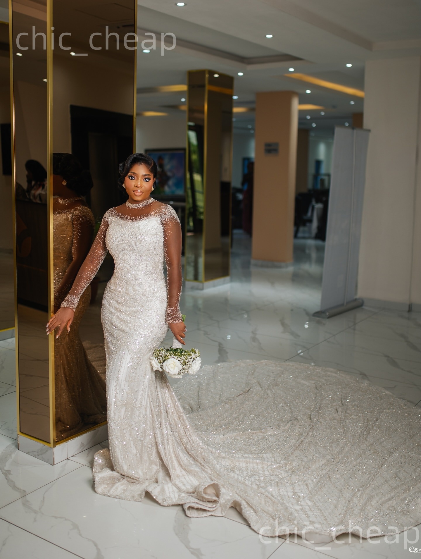 African Aso Ebi 2026 Ivory Mermaid Wedding Dress Beaded Full Sleeves Sheer Neck Sequined Sparkly Elegant Bridal Gowns Dresses ZJ212