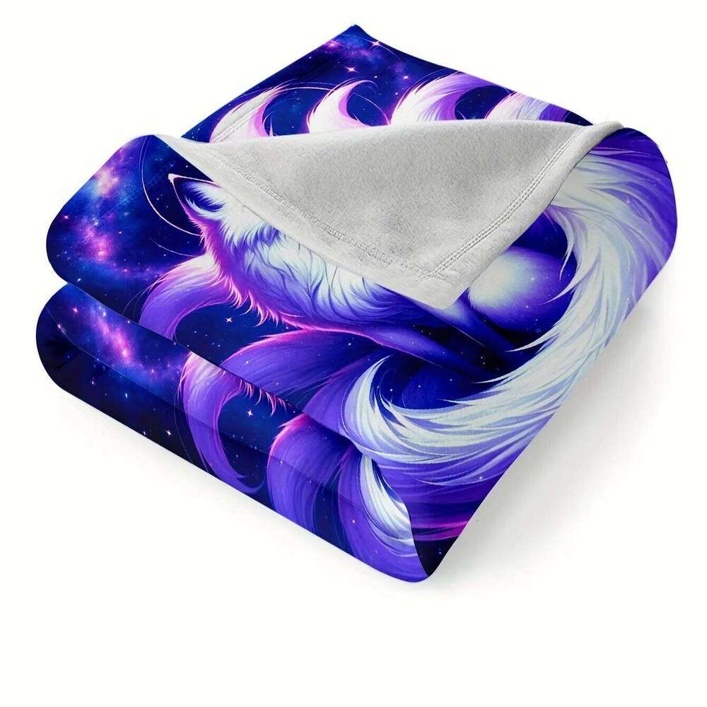 1pc Purple Nine Tail Fox Flannel Blanket Ultra-Comfortable Stylish, Perfect for Home, Office & Dorm - All-Season Warmth, Sof XJ260112