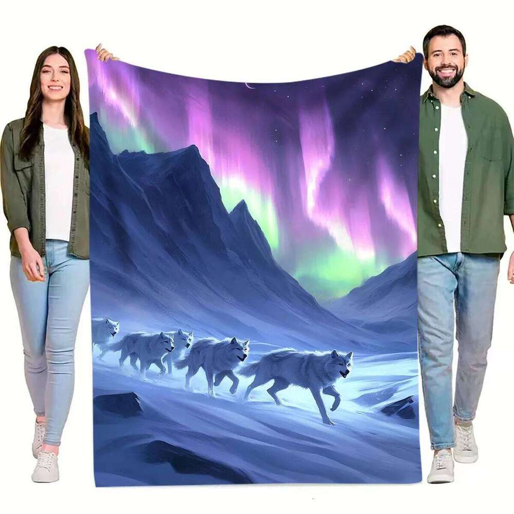 1pc Aurora Pack Digital Printed Design Blanket - All-Season Soft Flannel Throw with Vibrant Northern Lights & Wolf Silhouet XJ260112
