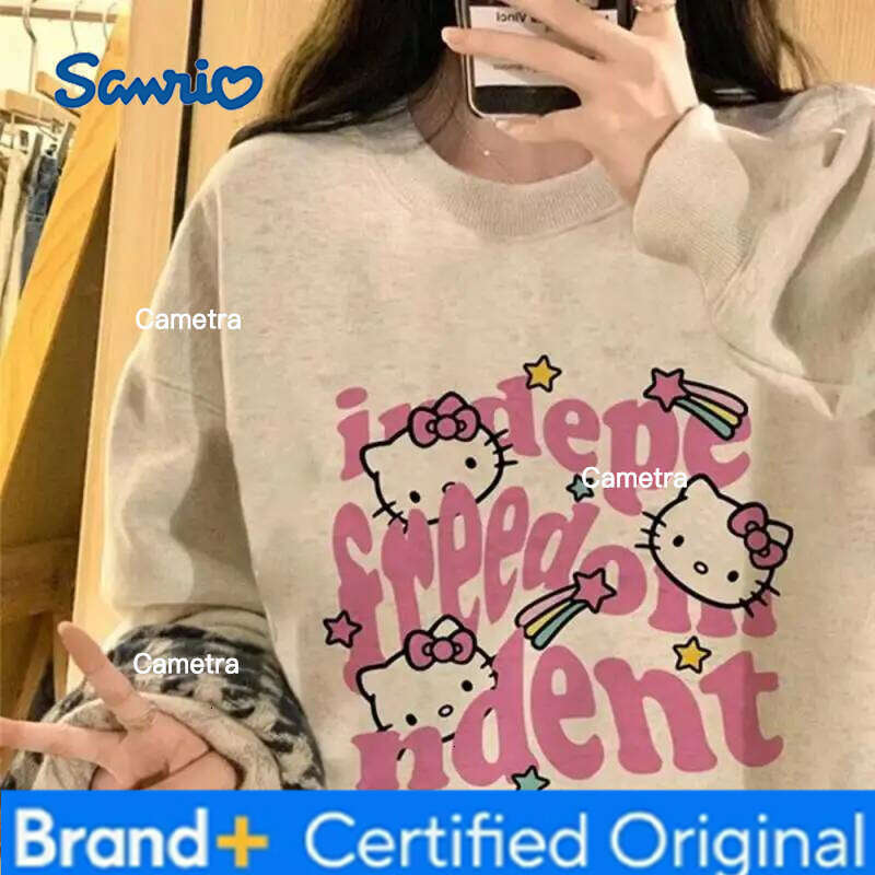 Sanrio Anime Hello Kitty Pullover Long Sleeve Sweatshirt Girls Kawaii Spring Autumn Winter Thicken Round Neck Tops Cotton Loose H260112