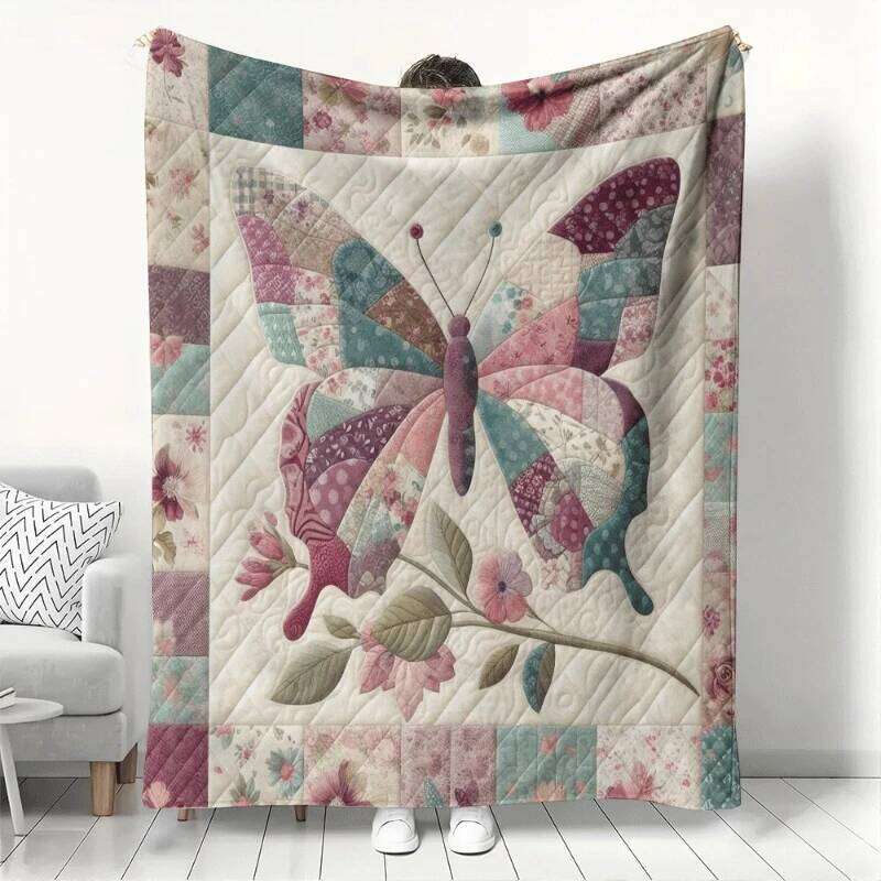 Vintage Patchwork Butterfly Floral Quilted Cozy Soft Throw Sofa Bed Warm Flannel Blanket for Home Decor XJ260112