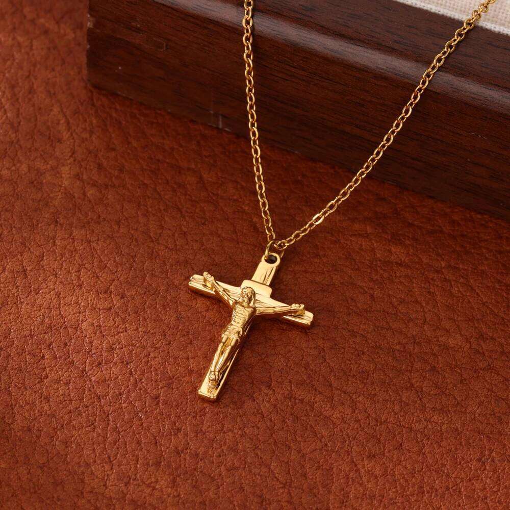 Stainless Steel Jesus Cross Necklace For Women Men Gold Color Caravaca Angels Crucifix Charm Choker Rapper Jewelry Hip Hop Gift H260112