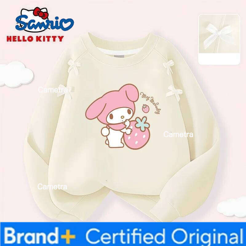Sanrio Hello Kitty Prints Kids Bow Decoration Pullover Hoodies Girl Round-neck Long-sleeved T-shirt Spring Autumn Breathable Sweatshirt H260112