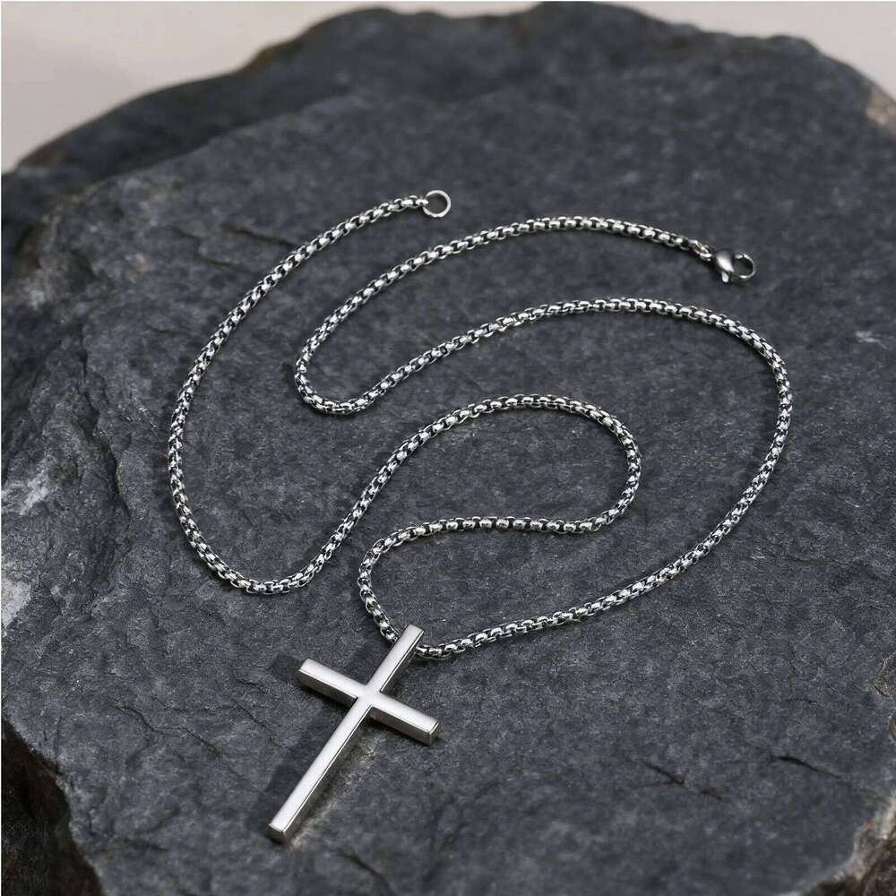 Stainless Steel Necklace for Men Boys,Silver Color Plain Cross Pendant Collar,Hiphop Classic Punk Jewelry Gift H260112