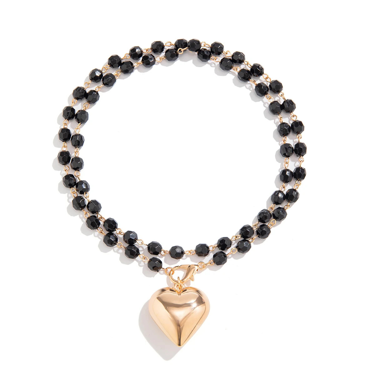 Salircon Korean Acrylic Black Beaded Double-layer Necklace Punk CCB Heart Shaped Pendant Necklace Womens Banquet Jewelry 260107