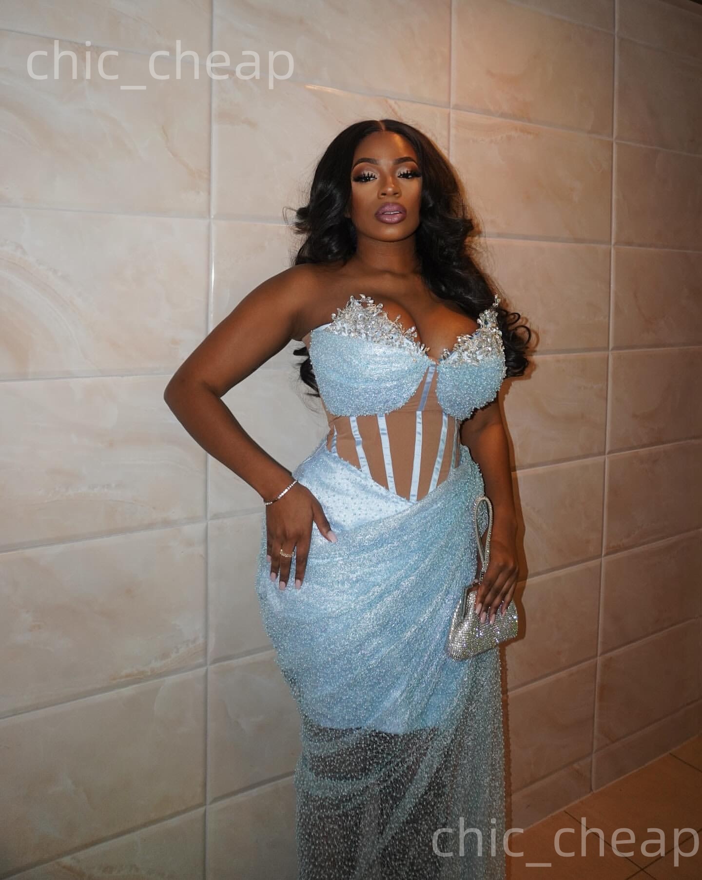 Aso Ebi 2k25 Light Sky Blue Sheath Prom Dresses 2026 Crystals Sequined Evening Formal Party Second Birthday Engagement Gowns Dress For Special Occasio