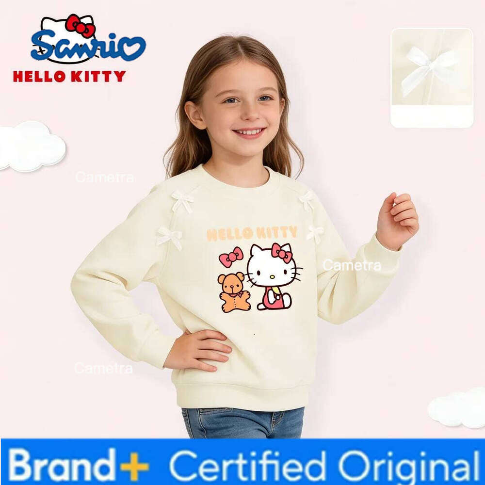 Sanrio Hello Kitty Kids Casual Round-neck Pullover Hoodies Girls Stylish Bow Decor Comfortable Lightweight Sweatshirt Sweet Cute Blouse H260112
