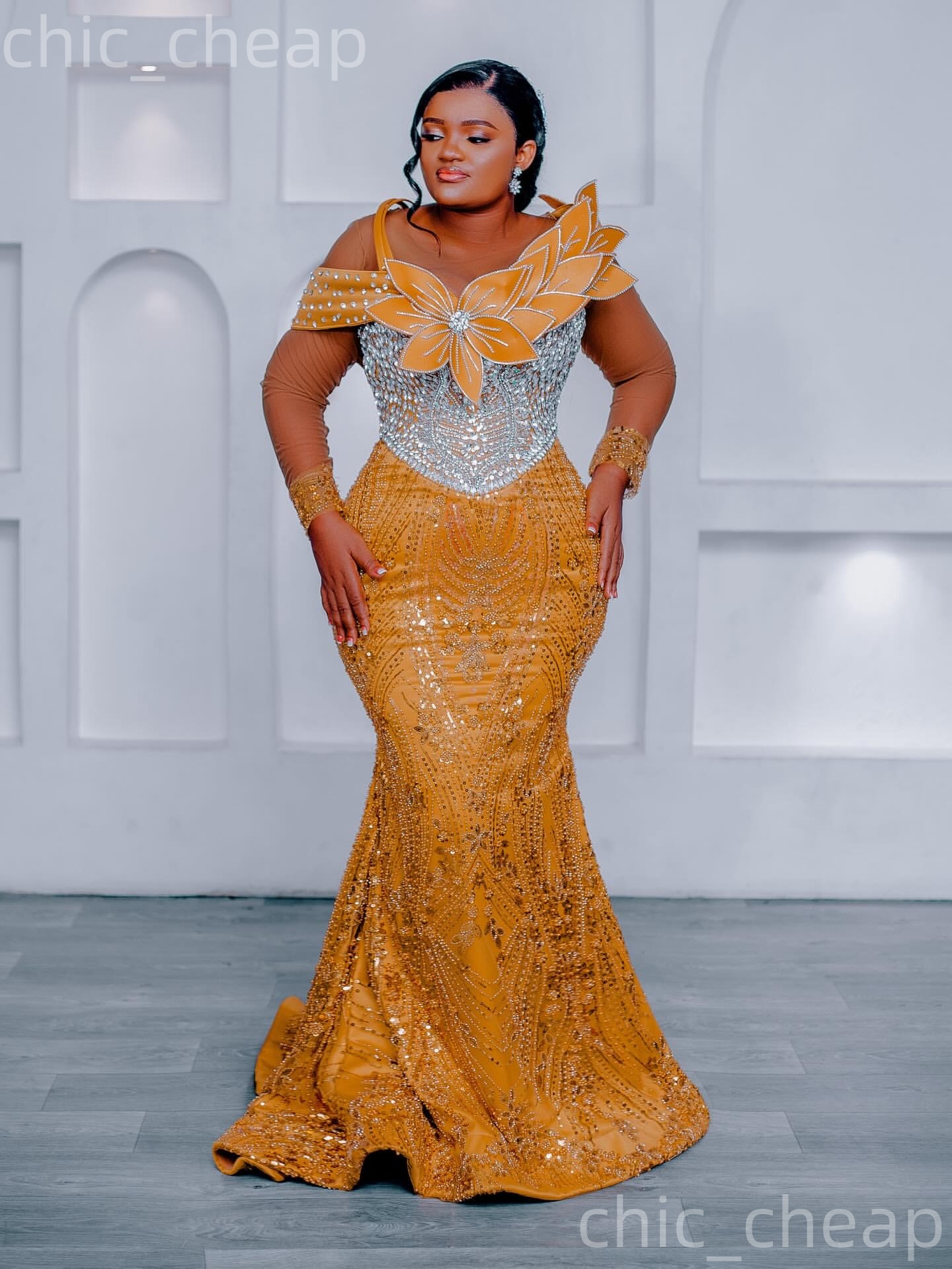 Aso Ebi Gold Mermaid Prom Dresses 2026 Flowers Crystals Sheer Neck Sequined Evening Formal Party Second Birthday Engagement Gowns Dress For Special Oc